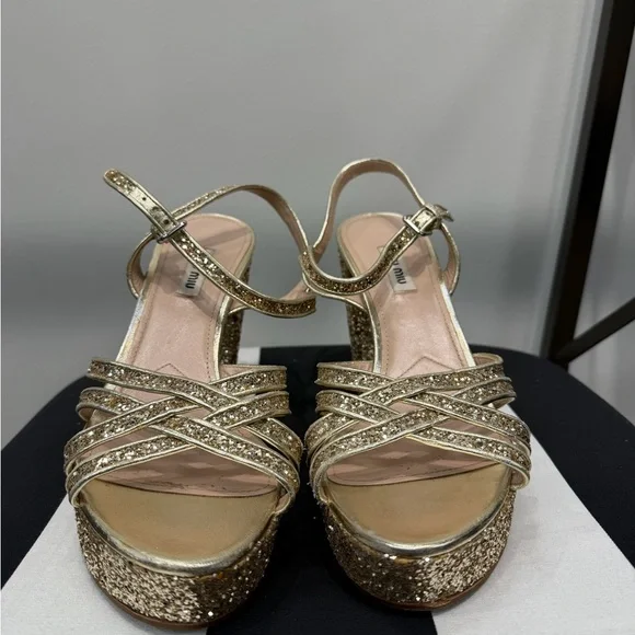 Miu Miu Glittering Gold Strappy Heels - Picture 3 of 6